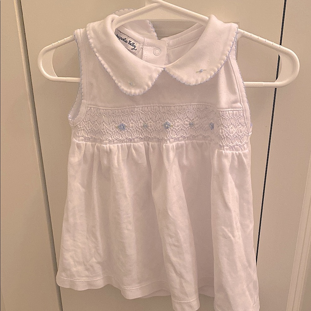 White Sleeveless Baby Dress with Blue Embroidery